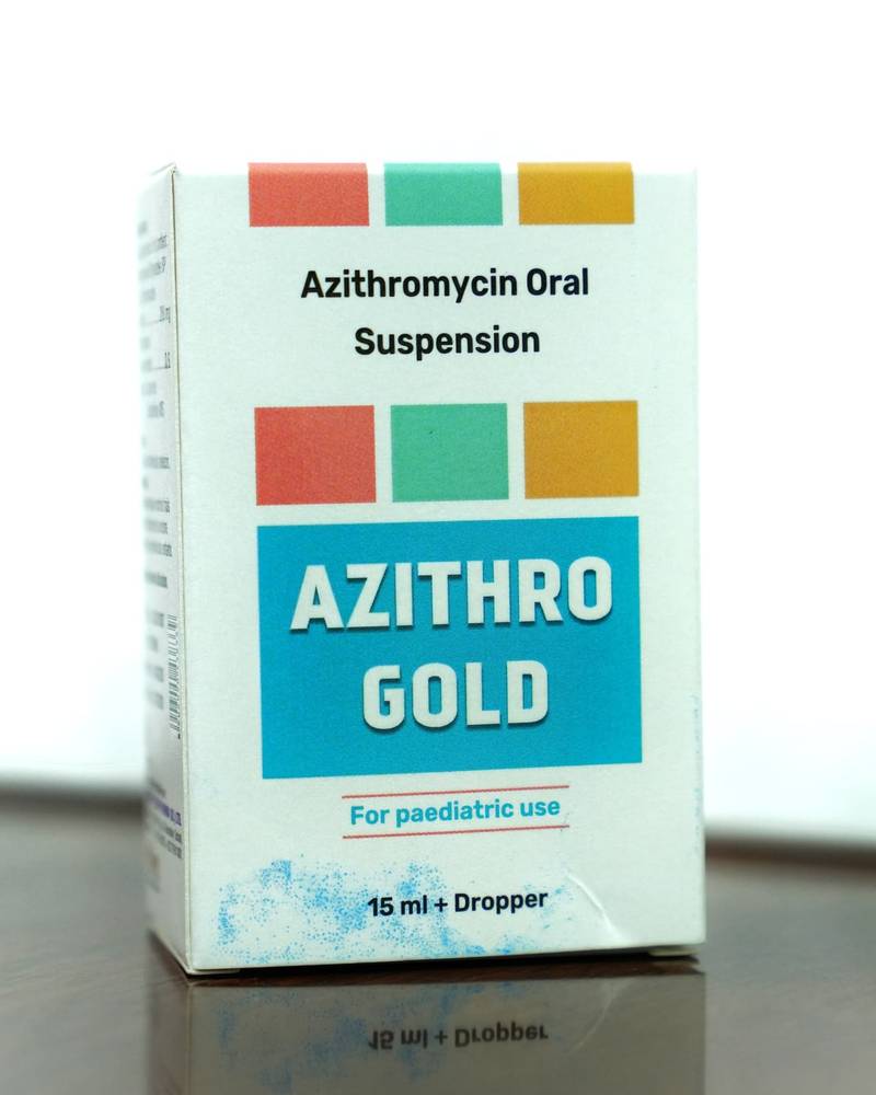 AZITHRO GOLD carton — Azithromycin Oral Suspension for paediatric use, 15 ml with dropper